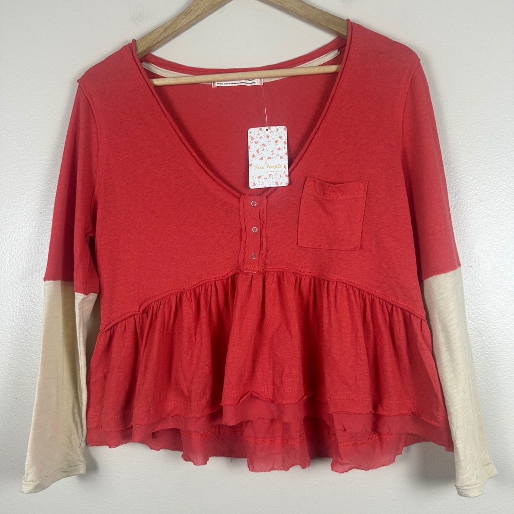Free People Women's Small Camelia Combo Peplum Henley‎ Top Red Boho NEW